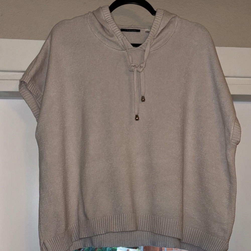 Tahari Ivory Hooded Knit Pullover with Drawstring